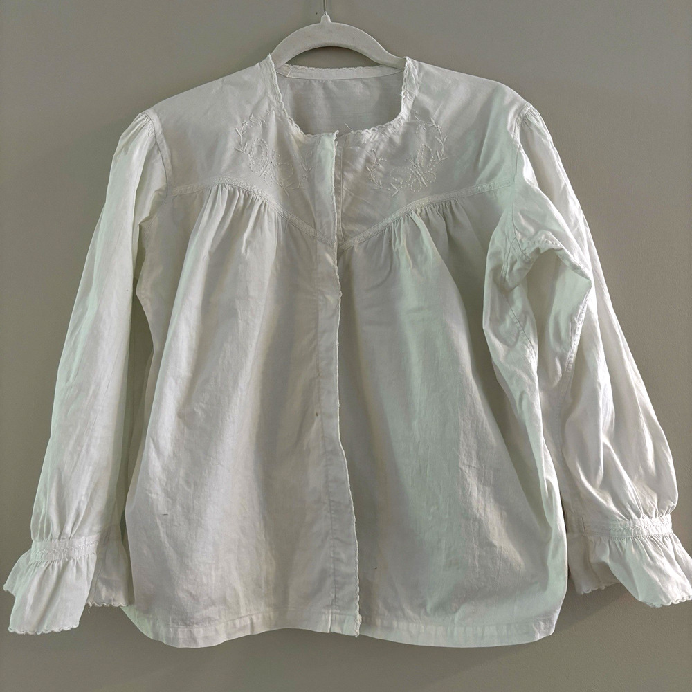 Antique Vtg French Early 1900s Cotton Blouse M Embroidered Button Front Top